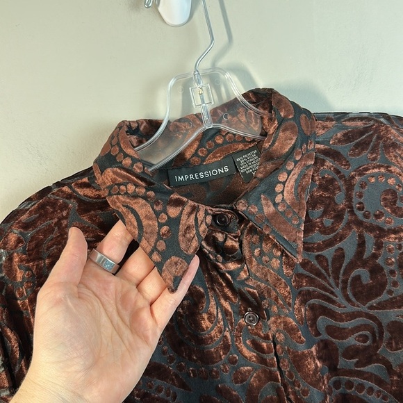 Impressions Brown Velvet Burnout Button Front Top Size XL Fairycore Whimsigoth - Picture 7 of 16